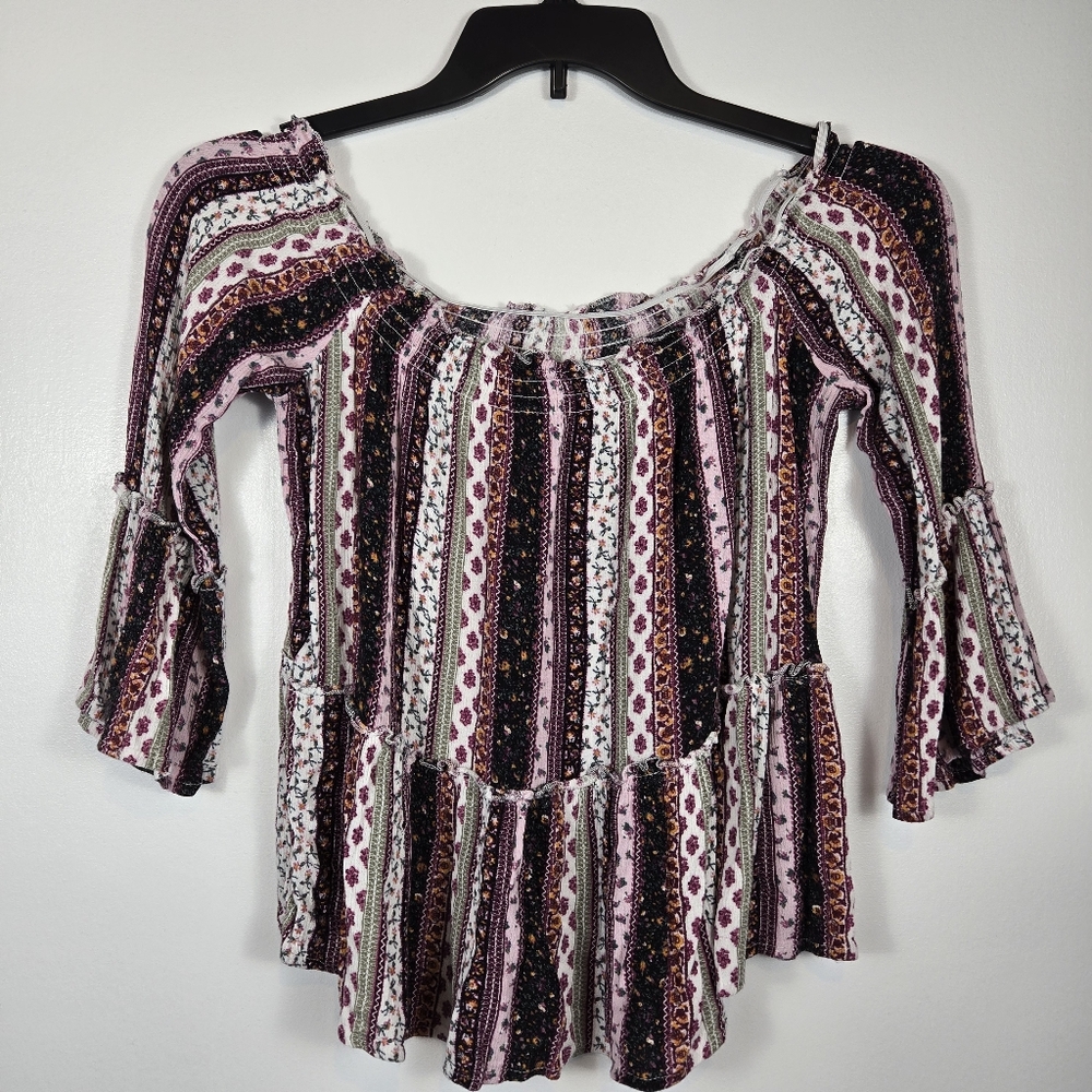 No Comment Off Shoulder Floral Stripe 3/4 Bell Sleeve Peasant Top Size Medium